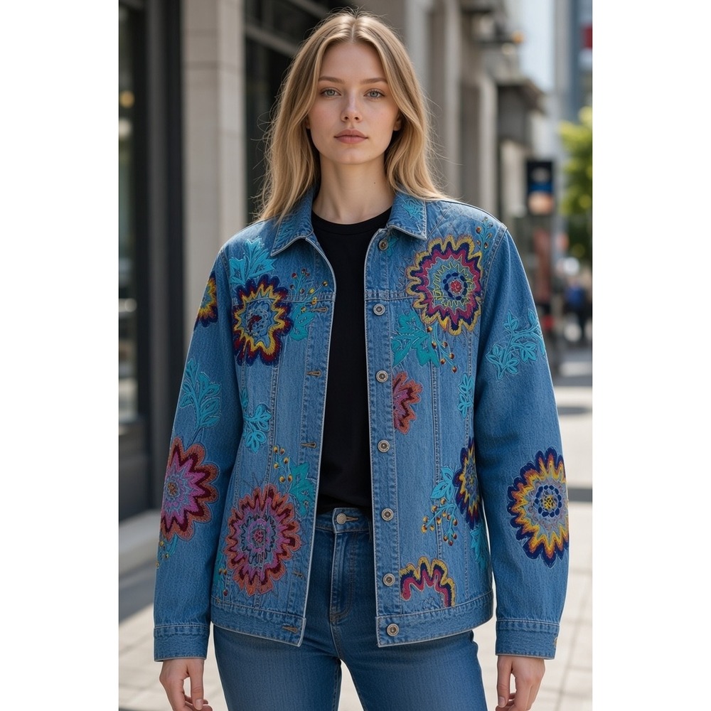 Chicos Design Blue Denim Jacket Floral Embroidered Beaded Size 2 Large